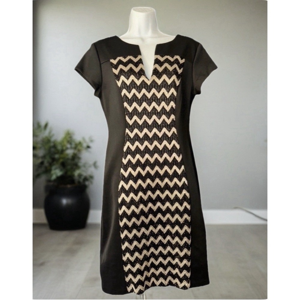 Connected Apparel Sheath Dress Women 10 Black Short Sleeve Metallic Chevron